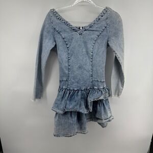 SHEIN Acid Wash Denim Ruffle Dress Long Sleeve‎ Zipper Front V Neck Women XS